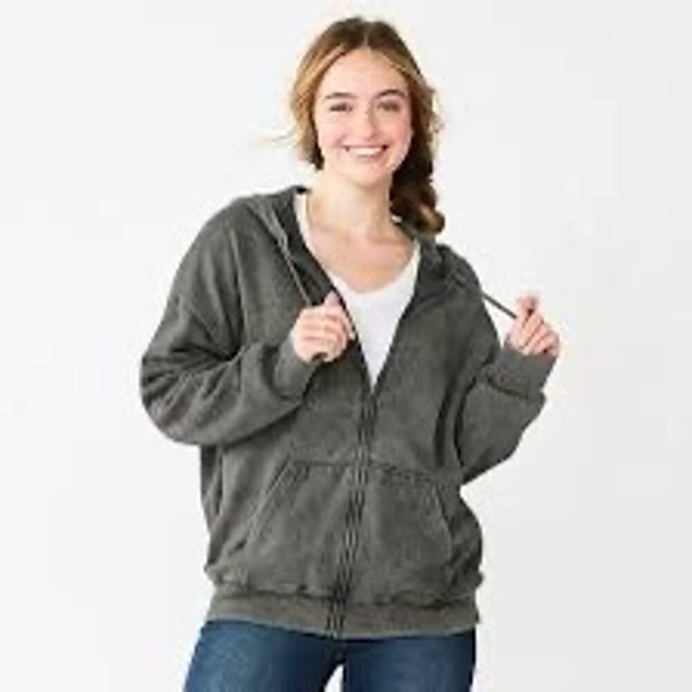 SO Favorite Full Zip Hoodie Gray Acid Wash Fleece Sweatshirt Women’s Small